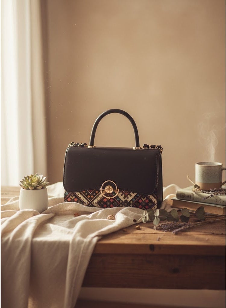 FUMES Black Women’s Handbag – Smooth Finish with Patterned Fabric Panel, Structured Top Handle & Chain Strap, Elegant Office & Evening Bag - Image 3